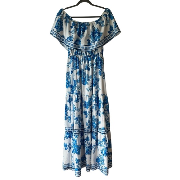 SHEIN Blue White Floral Off Shoulder Maxi Dress Size L Boho Tiered Ruffle Hem - Picture 1 of 11